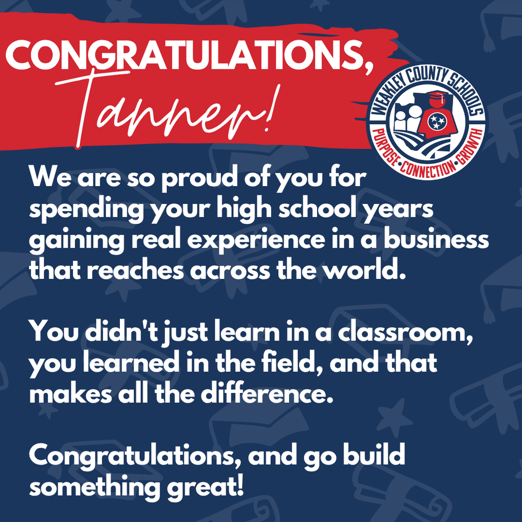 Blue and red background with text. Text congratulates Tannen for gaining experience in a global business.