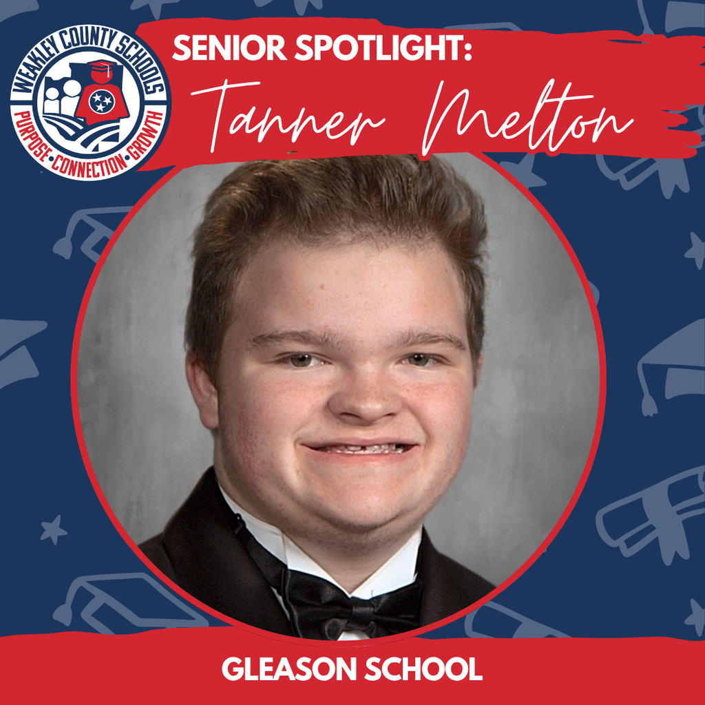 A headshot of a male senior named Tanner Melton, with a gray background, red border, and stars.
