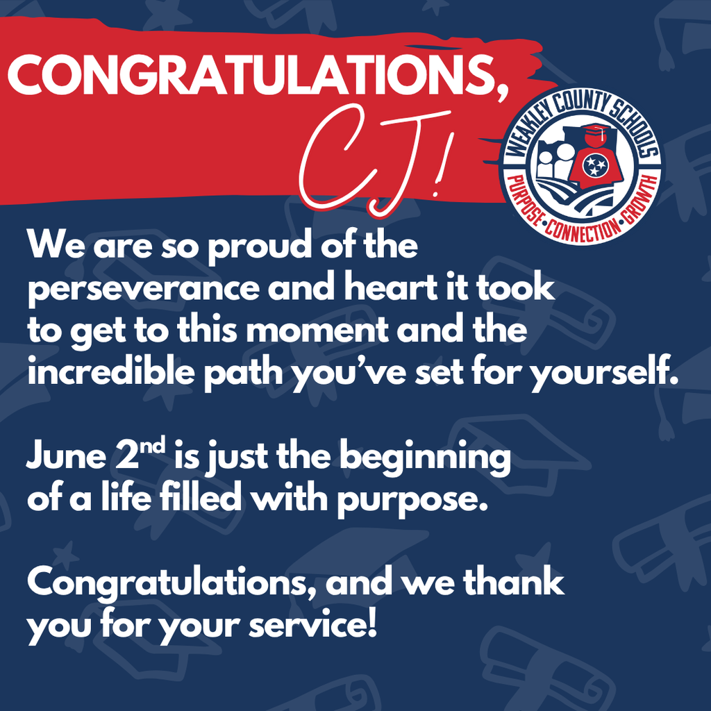 A blue and red background displays a certificate with text congratulating CJ for their perseverance and future path.