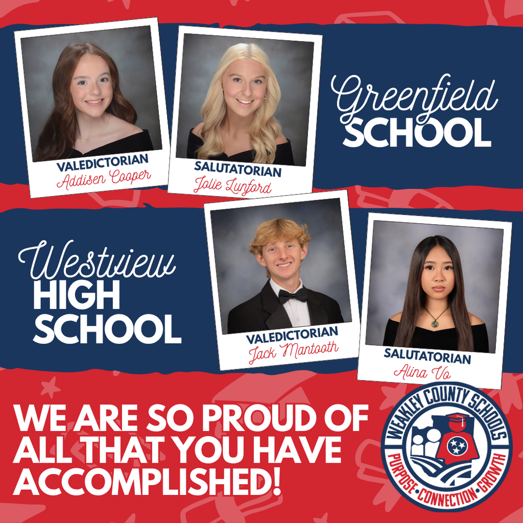 A promotional graphic highlights student achievements at Greenfield School and Westview High School, featuring portraits of students named Mason, Julie, Jack, and Alice.