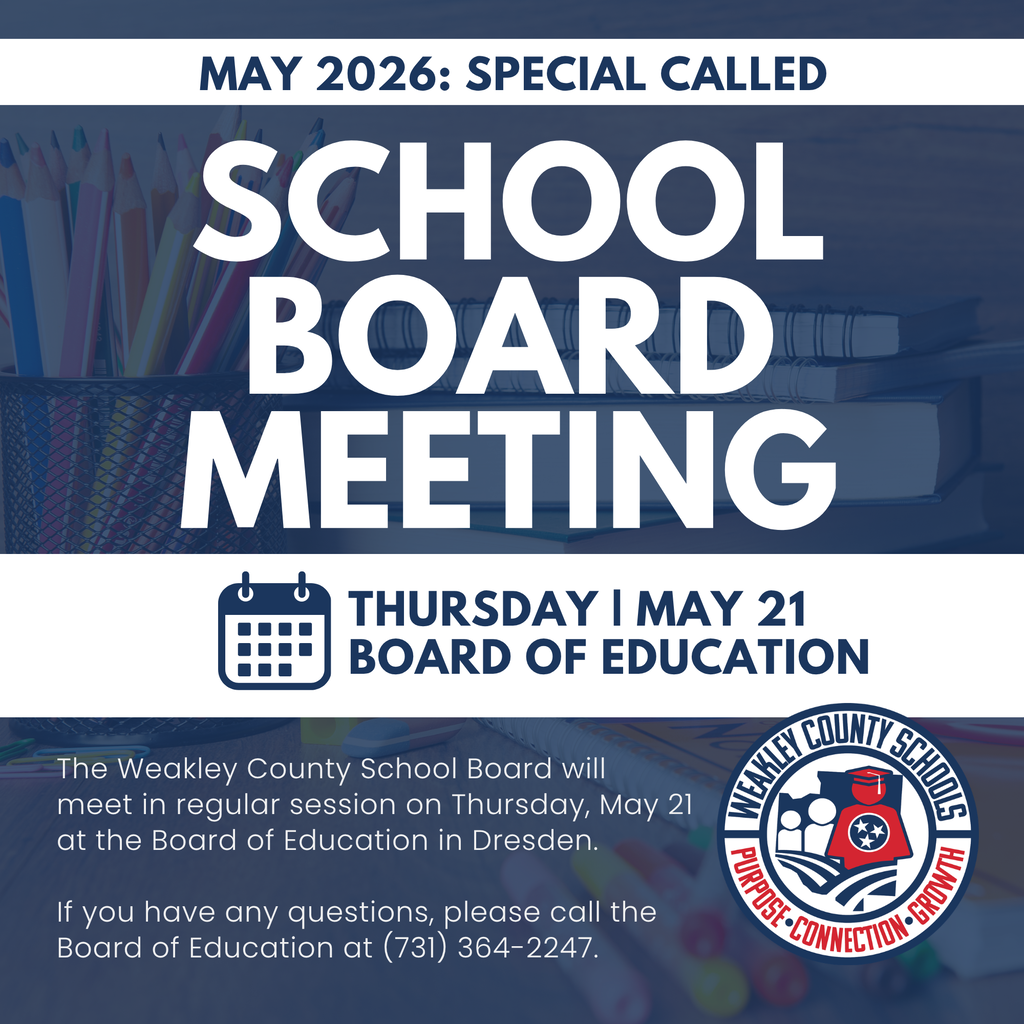 An announcement poster for a school board meeting. It is dated May 2026 and has a blue and white background.