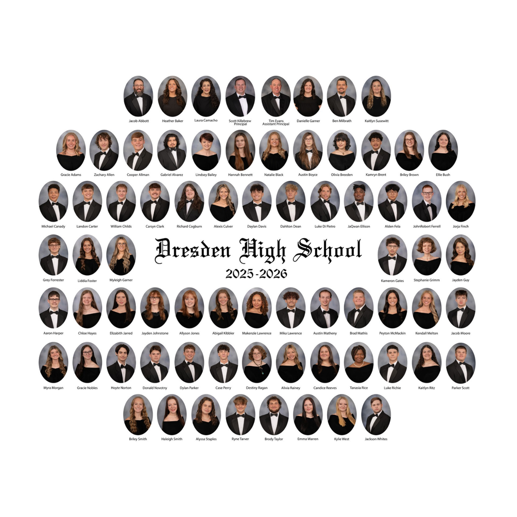 Circular arrangement of Dresden High School's 2023-2020 yearbook photos, each student in black-and-white with formal attire.