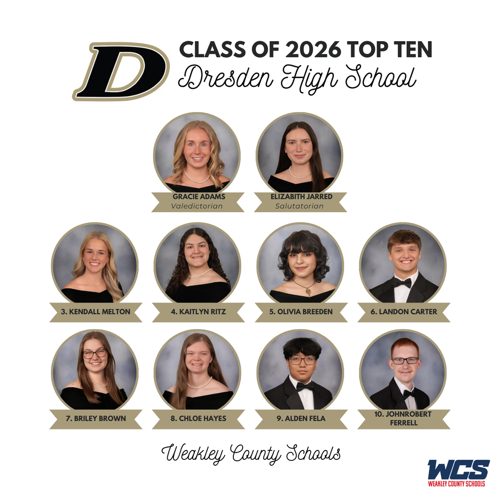 A poster lists ten Dresden High School students for the Class of 2026. All wear formal attire and appear in circular frames.