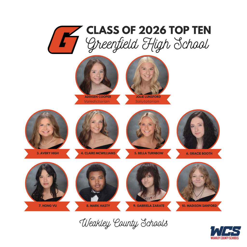 A poster lists the top ten students of the Class of 2026 from Greenfield High School, with headshots and names.