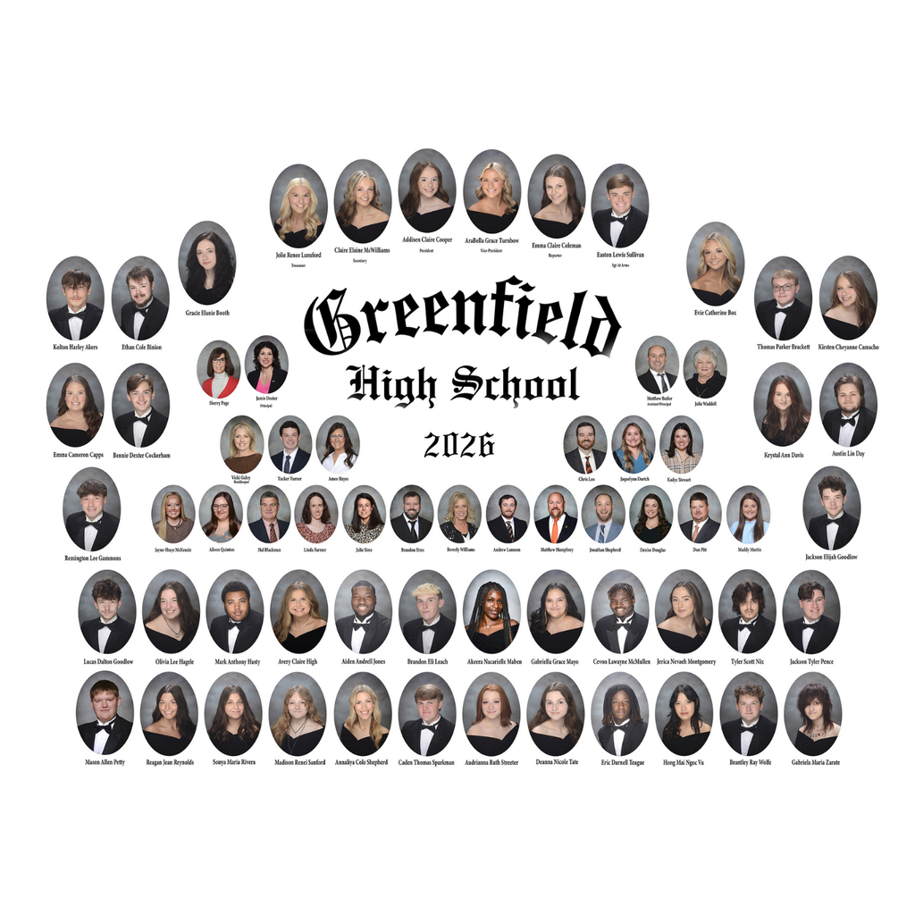An arrangement of circular photos of people, organized in rows, titled "Greenfield High School 2026" on a white background.