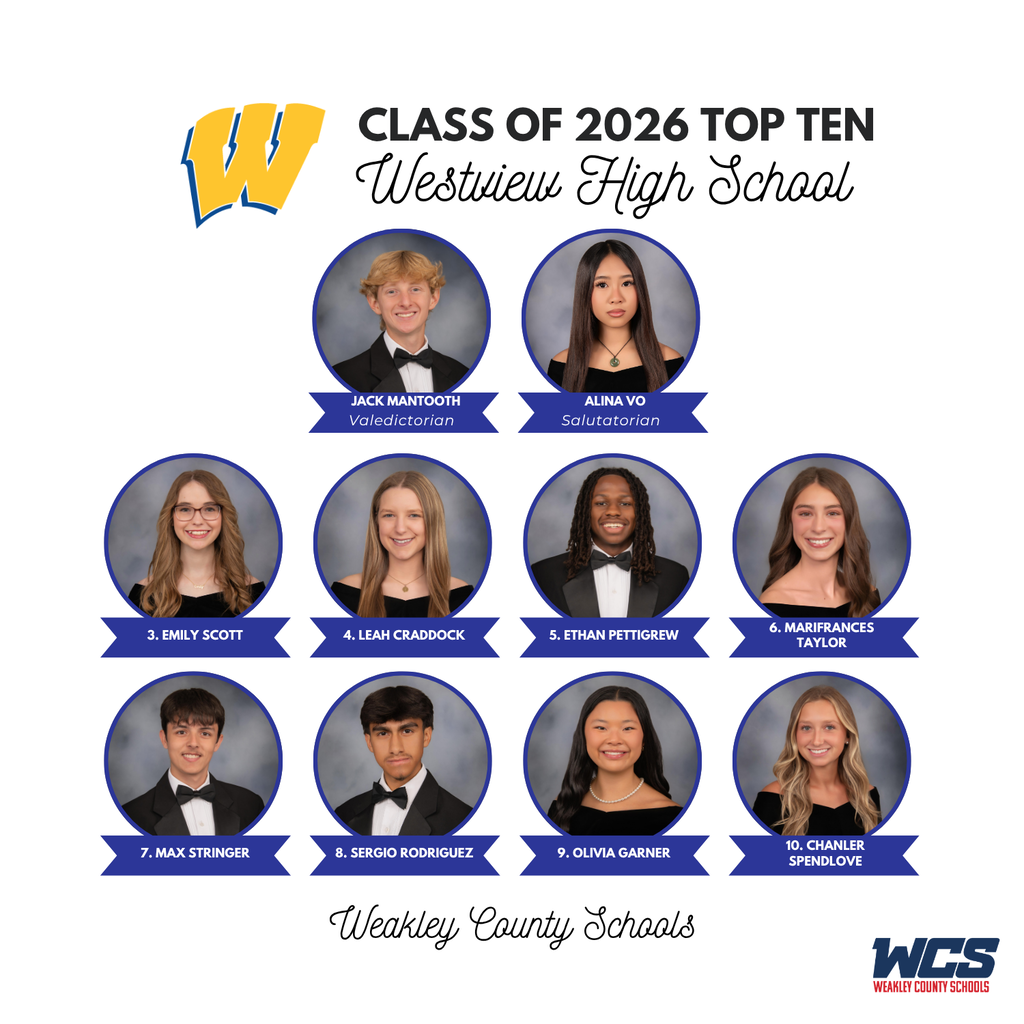 A collage of student headshots, each wearing formal attire, arranged in rows and columns. Labels include names and a header for the Class of 2026, Westview High School.