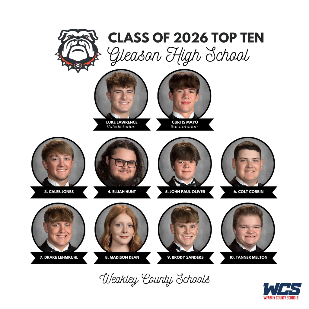 Graphic with headshots of ten students. Above, "Class of 2026 Gleason High School" and below, "Weekley County Schools".