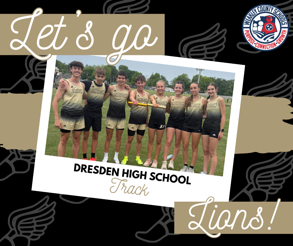 A poster displays Dresden High School track team with "Let's go Dresden High School Track Lions!" text. Five athletes pose on a field.