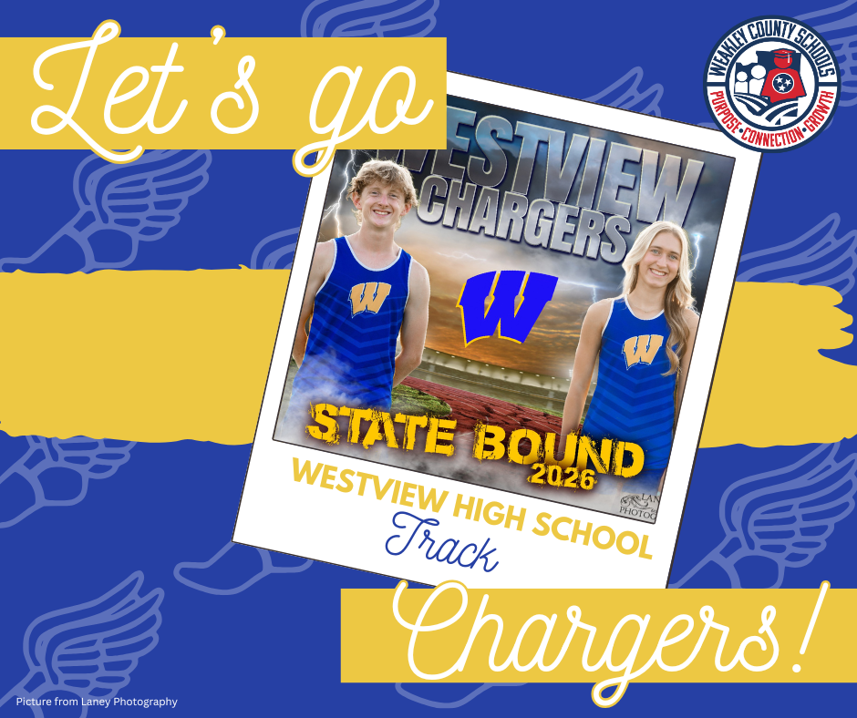 Two individuals in blue jerseys with "Westview Chargers" text on a blue background. One holds a banner reading "Let's go".