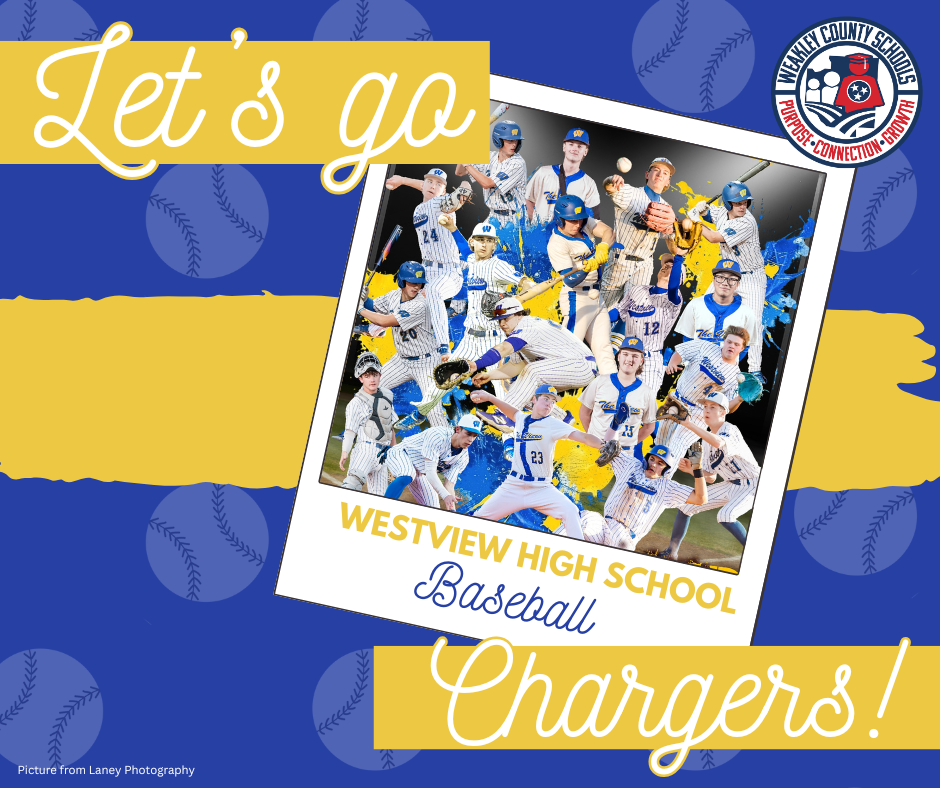 Group of athletes in uniform with the words "Let's go Westview High School Chargers!" on blue and yellow background.