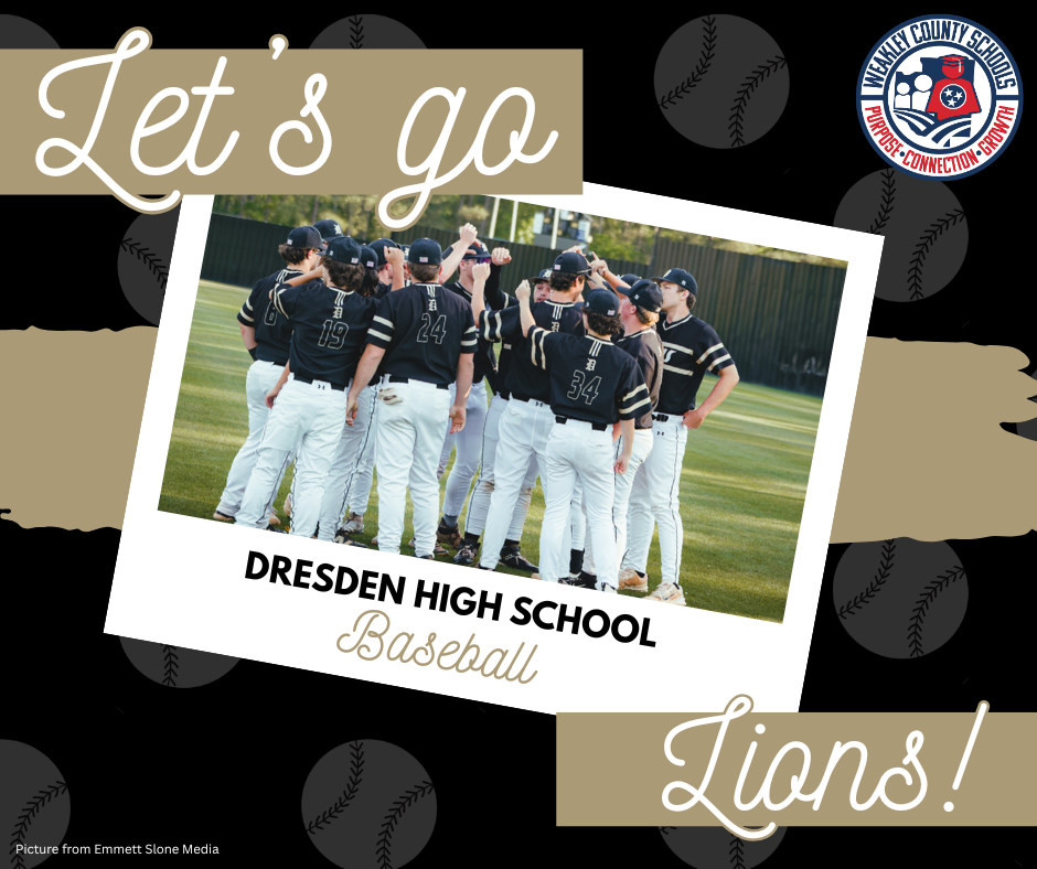 A graphic shows Dresden High School baseball team with a text overlay reading "Let’s go Lions!" and "Dresden High School Baseball".