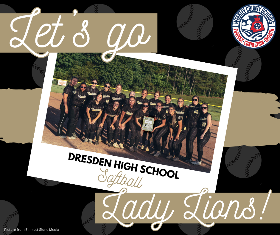 A collage of Dresden High School's Lady Lions softball team posing in front of a baseball field.