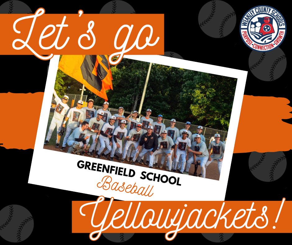 A group photo of a Greenfield School baseball team with a black and orange background.