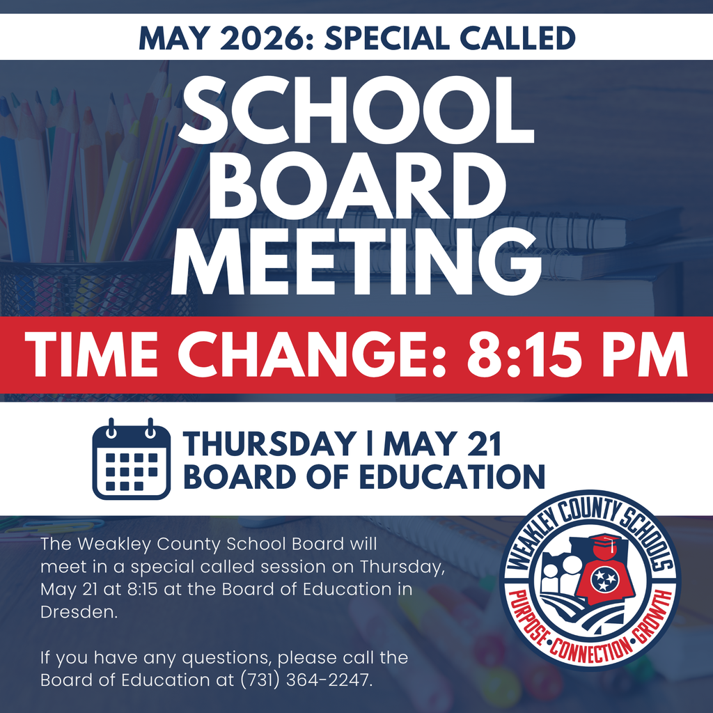 Poster for School Board meeting with text: "SCHOOL BOARD MEETING" and "TIME CHANGE: 8:15 PM" on a blue background.