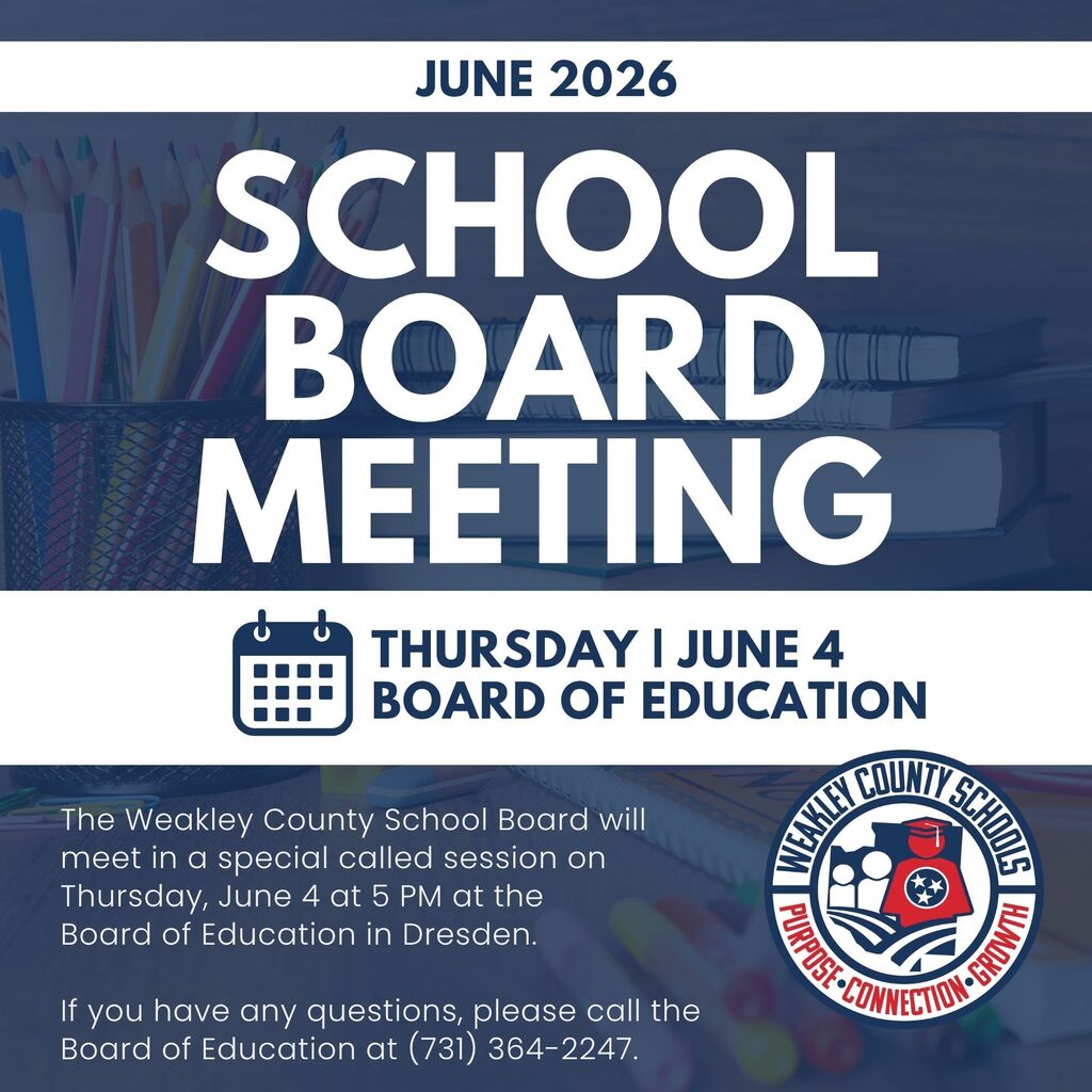 Blue background with white text. "SCHOOL BOARD MEETING" in white font. Date "THURSDAY, JUNE 4" below. Contact details at the bottom.