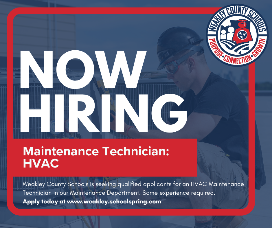 Red-bordered ad shows a person in a hard hat and glasses fixing something. It says, "Now Hiring Maintenance Technician: HVAC".