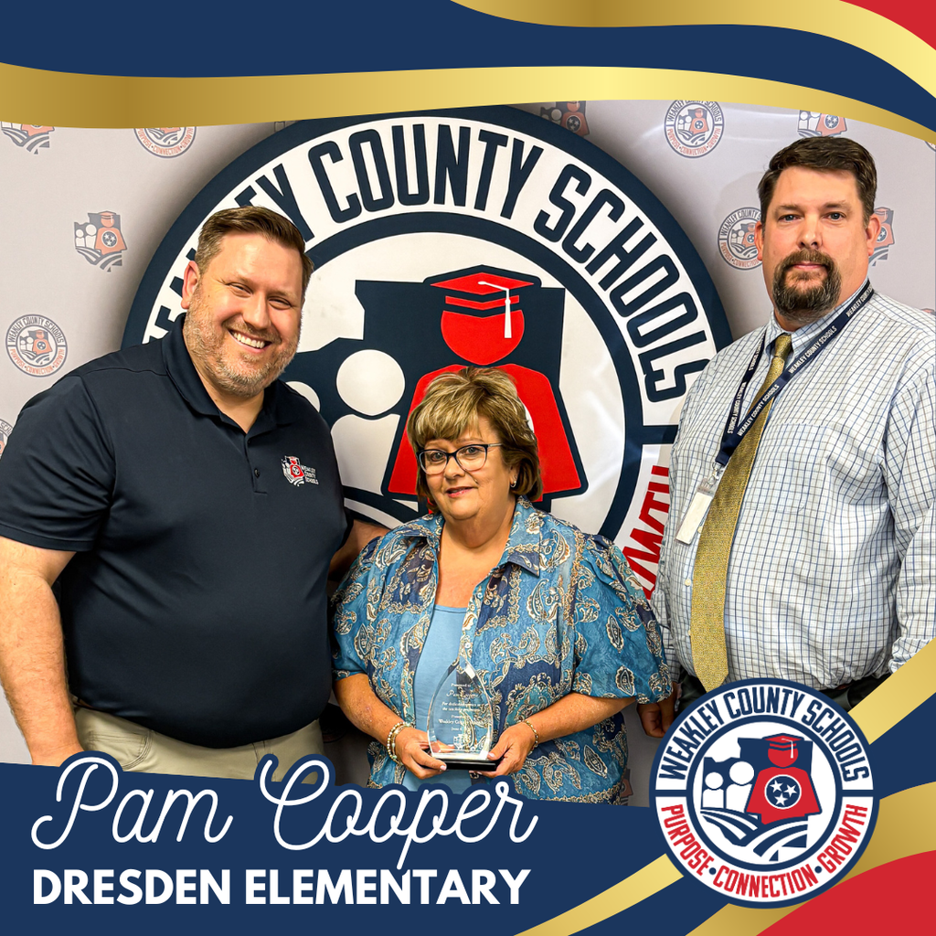 Three people standing with a blue and gold school logo, the woman holding a trophy. Names are "Pam Cooper" and "Dresden Elementary."