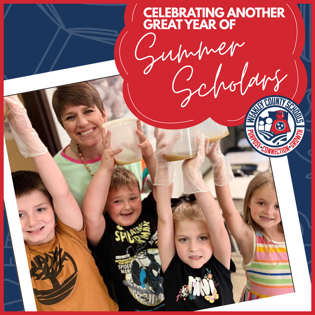 Five children and a woman hold up containers in a lab setting. A text overlay reads "Celebrating another great year of Summer Scholars."