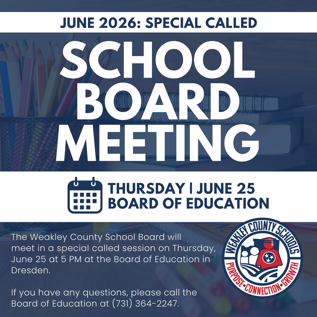A blue poster announces a special called school board meeting on Thursday, June 25, at 5 PM.
