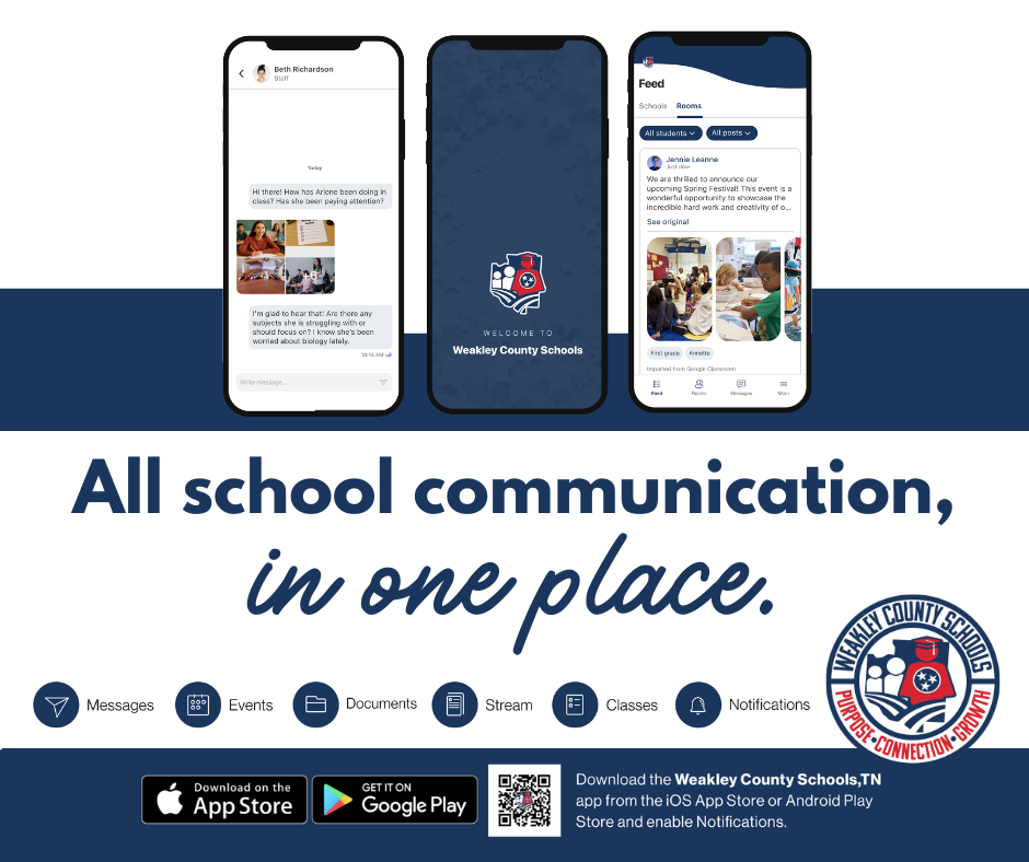 Three smartphones display the same app. A blue and white background displays text and logos. Logos and text include "All school communication, in one place".
