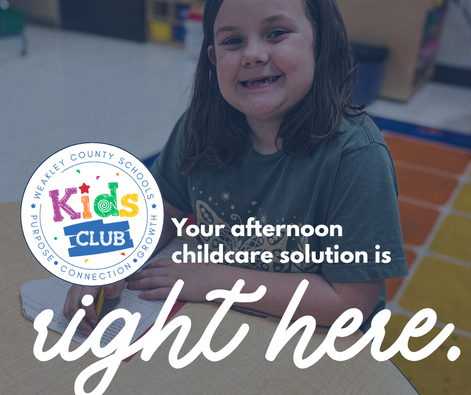 A smiling girl sits at a desk with a Kids Club logo. She holds a pencil and appears engaged with her task. The graphic reads "your afternoon childcare solution is right here"