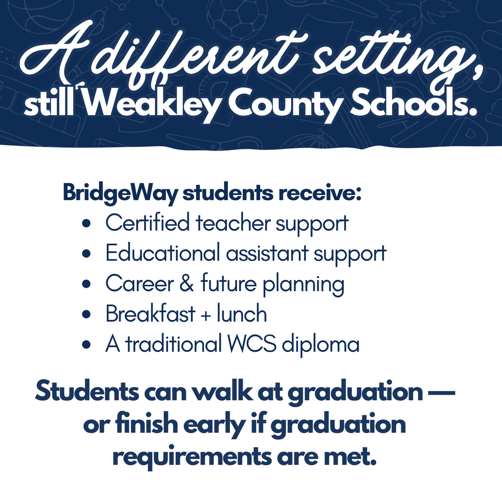 Blue and white background displays text about BridgeWay students' offerings, including support, planning, meals, and diplomas.