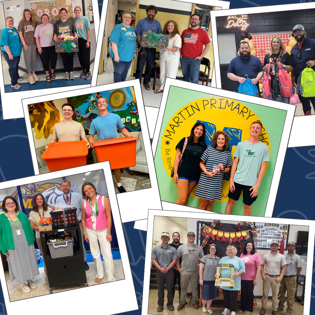 Multiple photos of people in various settings, showing a group of educators and staff.