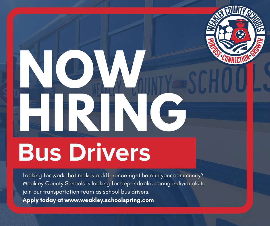 An ad for bus drivers features "Now Hiring" in white text against a red and blue background with a school logo.
