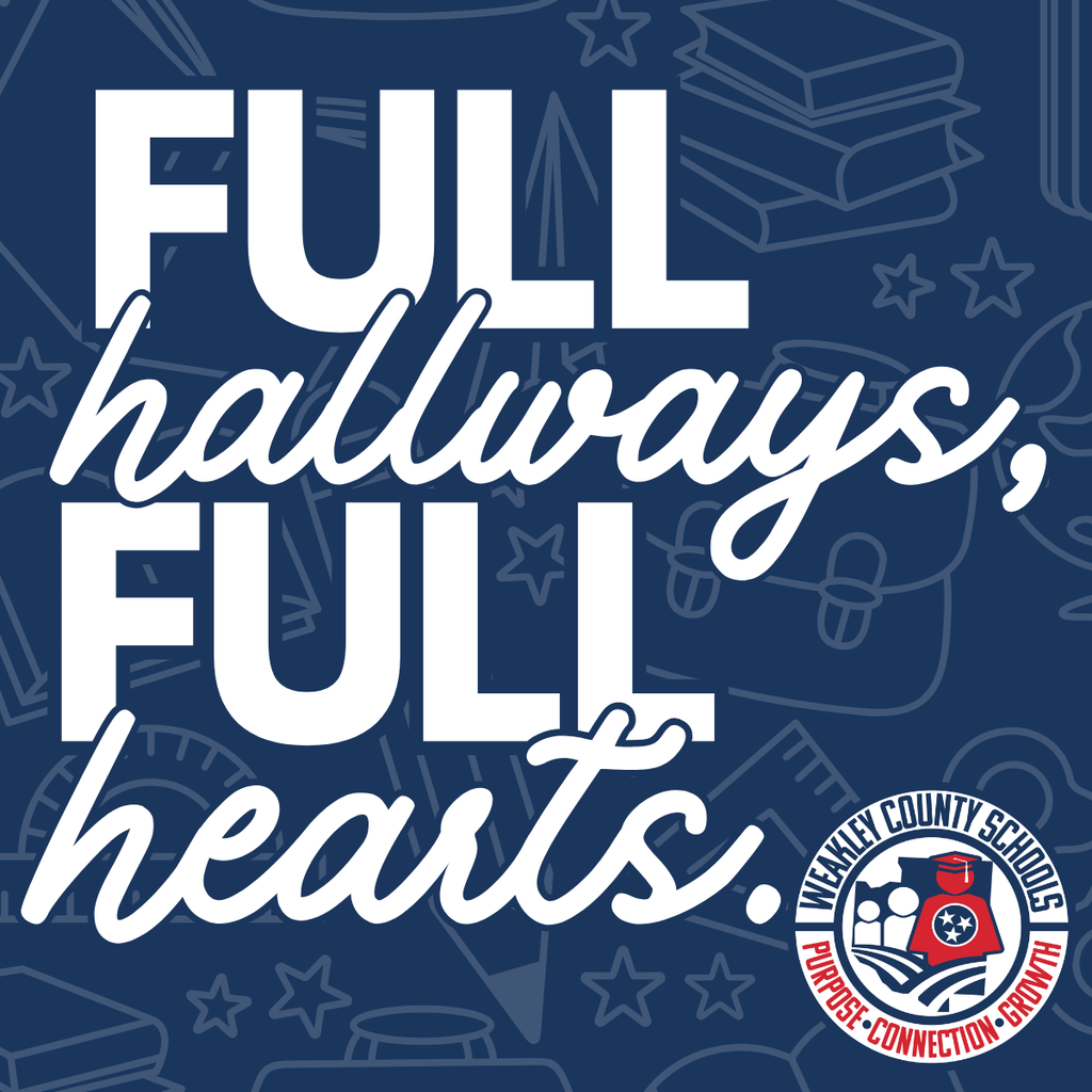 Blue background with "FULL hallways, FULL hearts" in white cursive text, along with smaller icons of books, stars, and pencils.