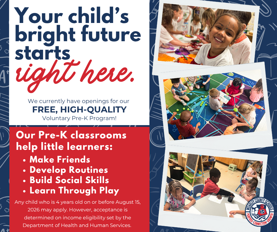 An advertisement with a blue and red background highlights a Pre-K program. It features smiling children in classrooms Graphic shares that PreK seats are still available for any child 4 years old on or before August 15 - shares that acceptance is determined on income eligibility set by the Department of Health and Human Services. .