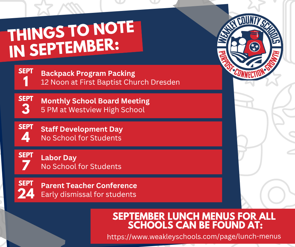 Event list for September with dates. Includes Backpack Program Packing, Monthly School Board Meeting, and Labor Day.