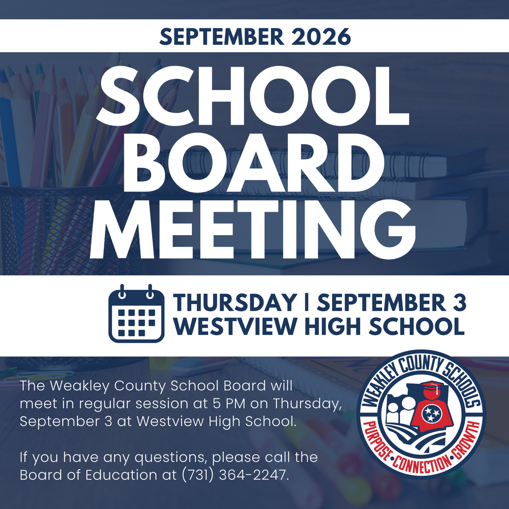 Blue and white flyer for a school board meeting on September 3, 2026, at Westview High School at 5 PM.