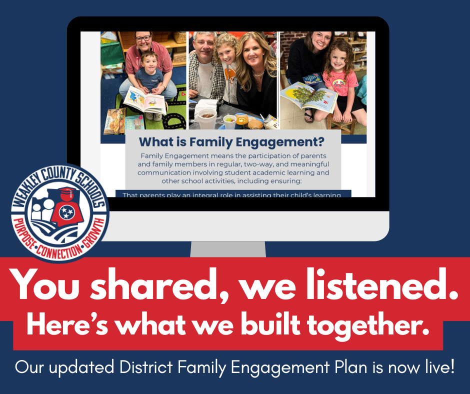 Monitor displays a webpage with photos of families. Text reads: "What is Family Engagement?" Below, a badge says, "You shared, we listened. Here's what we built together."