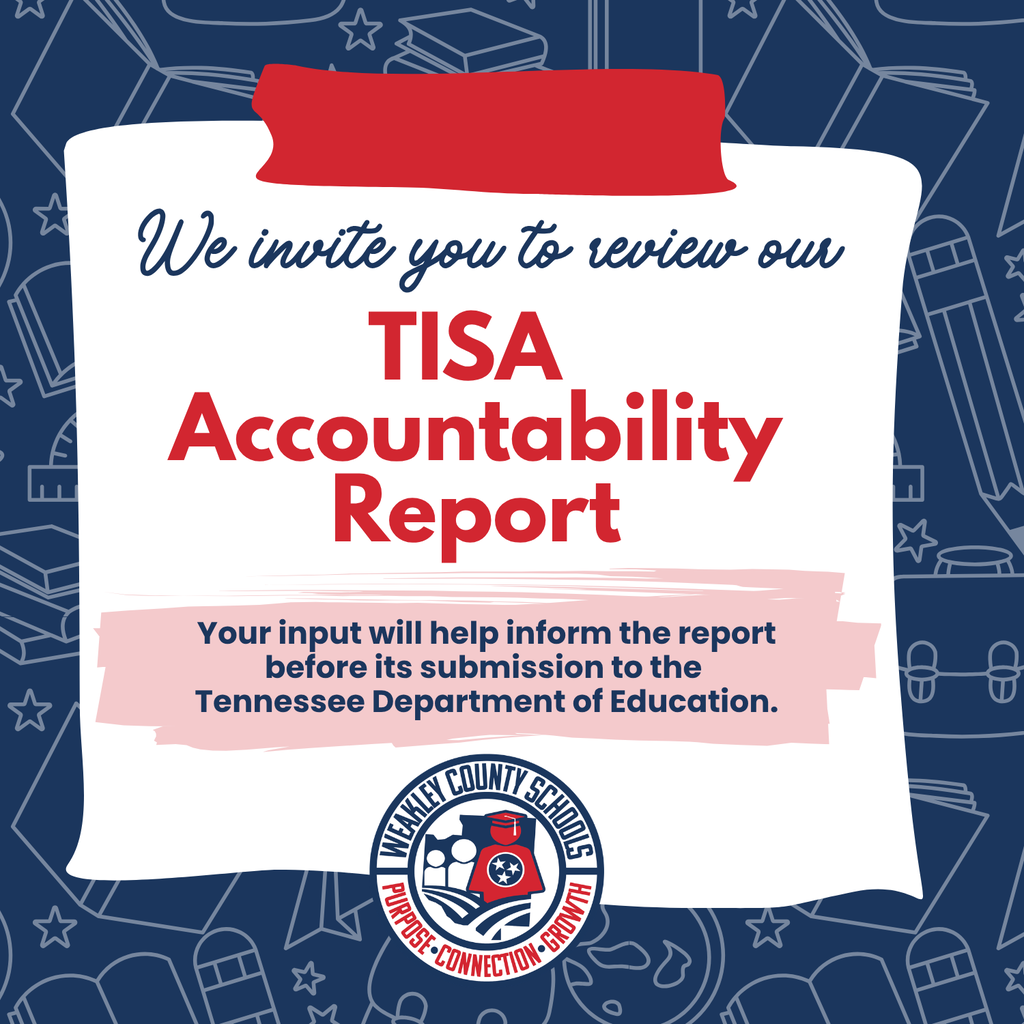A white paper with red ribbon pinned on blue background. It says "We invite you to review our TISA Accountability Report."