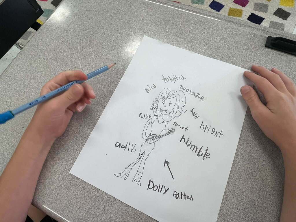 Close-up of a student’s Dolly Parton character traits activity, featuring a hand-drawn picture of Dolly surrounded by words including “kind,” “talented,” “encouraging,” “bold,” “bright,” and “humble.”