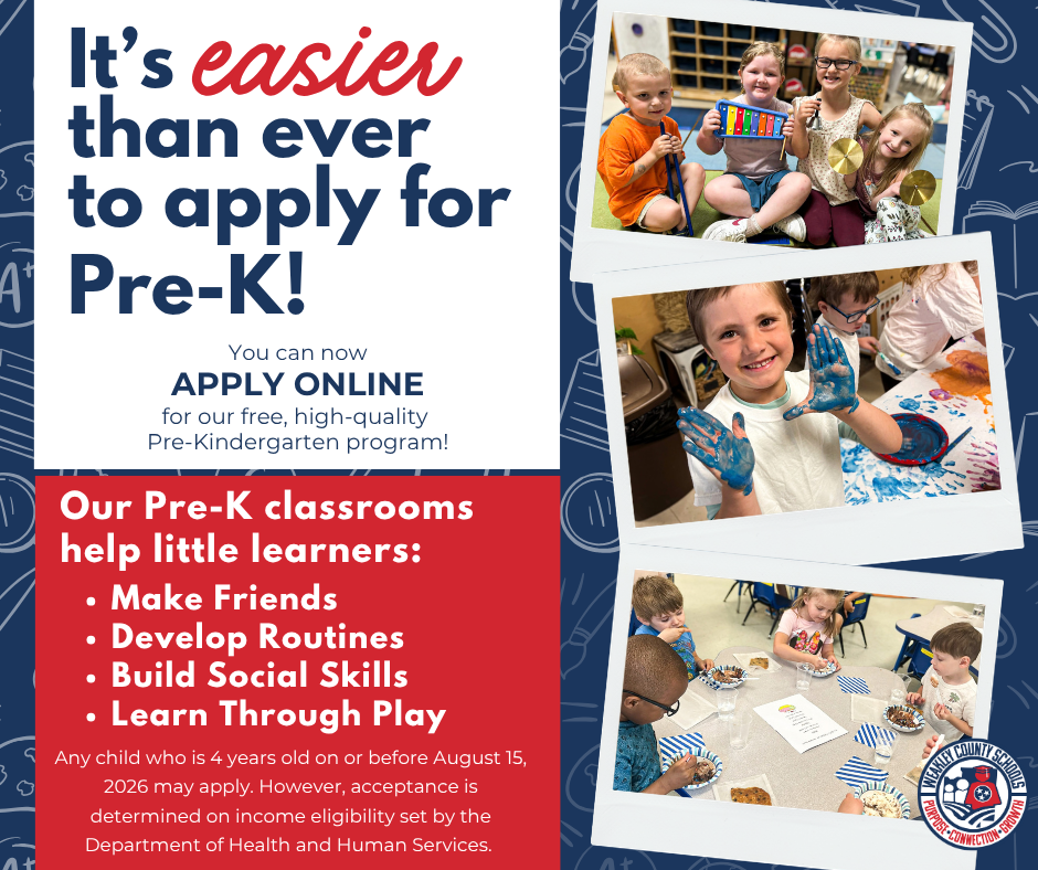 Graphic promoting Weakley County Schools Pre-K applications. Text reads, “It’s easier than ever to apply for Pre-K! You can now apply online for our free, high-quality Pre-Kindergarten program!” The graphic highlights that Pre-K helps little learners make friends, develop routines, build social skills, and learn through play. Children who are 4 years old on or before August 15, 2026 may apply, with acceptance determined by income eligibility. Three photos show Pre-K students smiling, playing musical instruments, painting, and participating in a classroom activity.