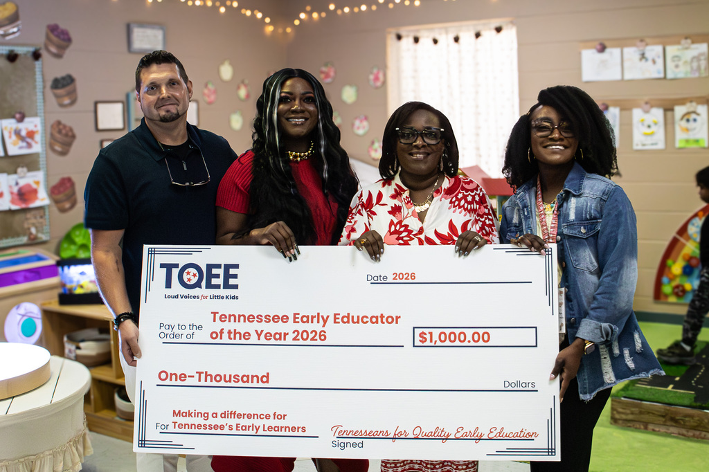 1. Michaela Frederick poses with family members in her classroom following the surprise announcement naming her a 2026 Tennessee Early Educator of the Year.