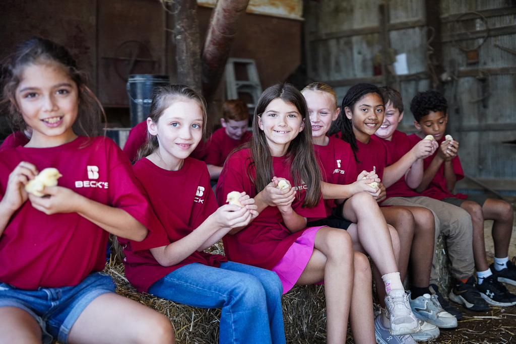 A group of children in red shirts, seated on hay bales, holding baby chickens, smiling in a barn.