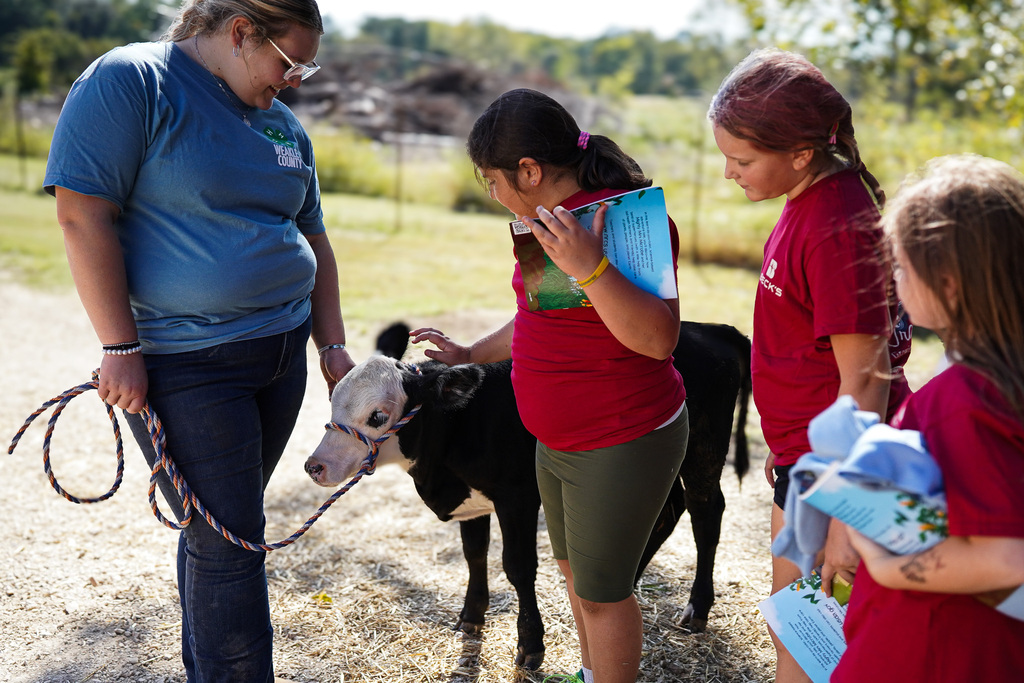 Adults and children stand around a small cow. A woman holds a leash, while others hold items.