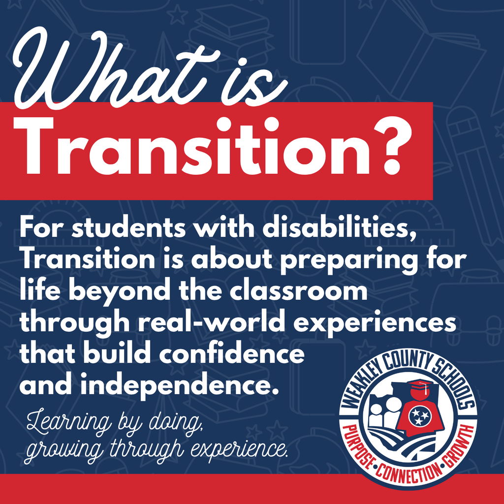 Weakley County Schools graphic with a navy blue background and red banner reading "What is Transition?" White text explains: "For students with disabilities, Transition is about preparing for life beyond the classroom through real-world experiences that build confidence and independence." Below, script text reads, "Learning by doing, growing through experience." The Weakley County Schools logo appears in the bottom right corner.