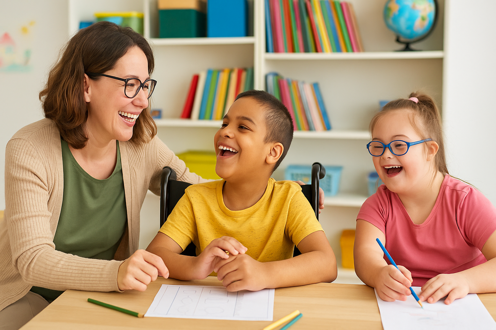 A smiling paraeducator with shoulder-length brown hair and glasses sits at a table with two students with disabilities, one boy in a wheelchair wearing a yellow shirt and a girl with Down syndrome wearing glasses and a pink shirt. All three are laughing and working on drawings together in a bright, colorful classroom.