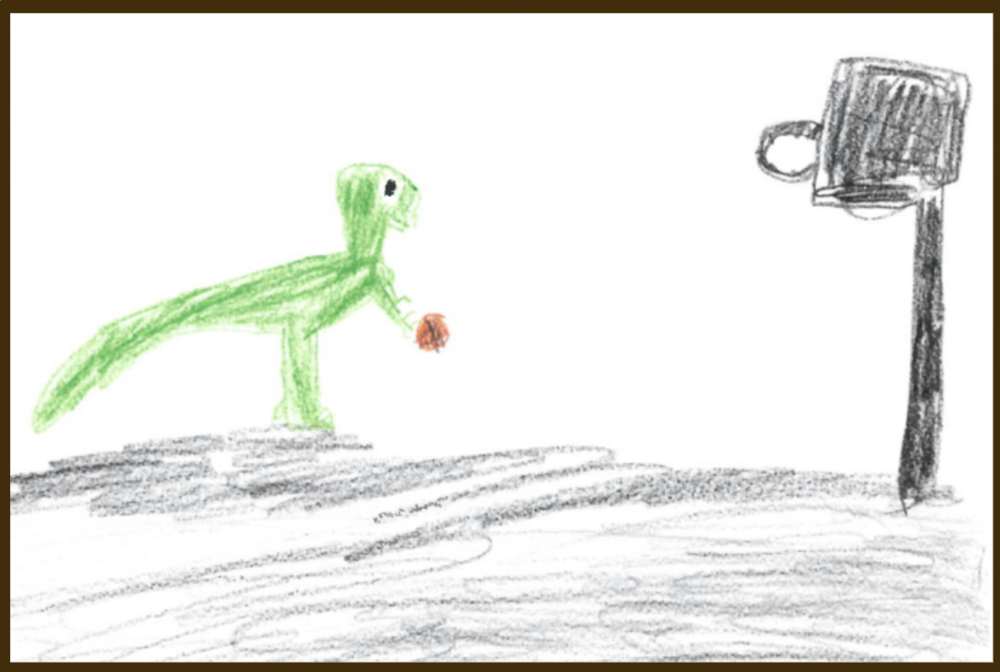 drawing of a raptor playing basketball