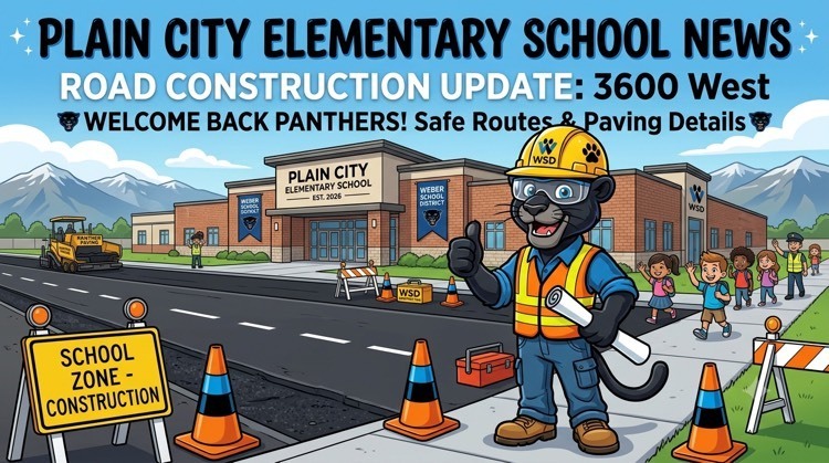 cartoon panther wearing construction outfit and giving a thumbs up outside plain city elementary,