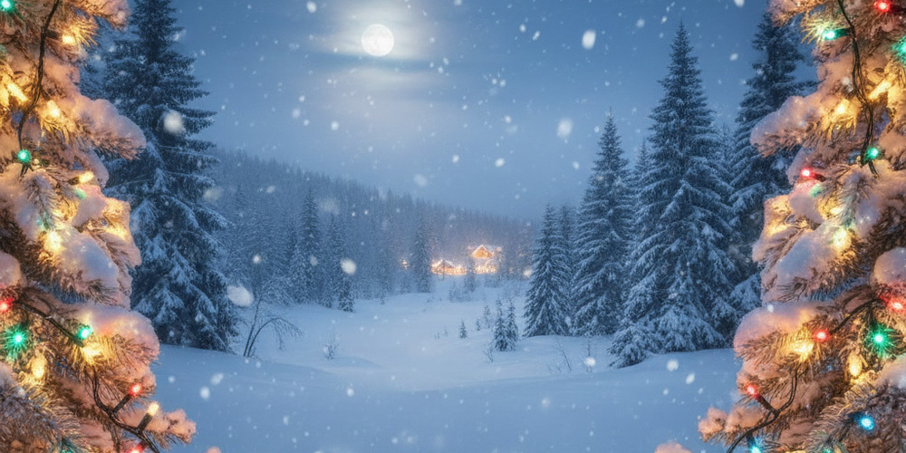 winter background with lit Christmas trees