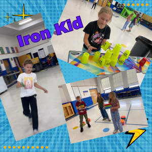 Students practicing for  Iron Kid, running, cup stacking, and Frisbee..