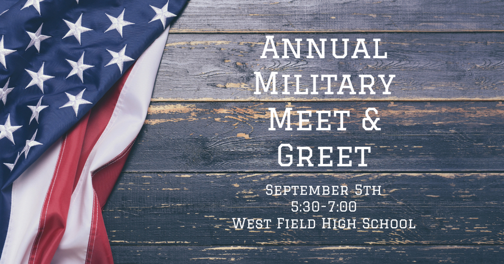 Image with American flag with text that says Annual Military Meet and Greet September 5th