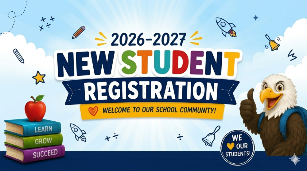 A vibrant, cheerful digital welcome banner for the 2026-2027 New Student Registration. The main text reads "NEW STUDENT REGISTRATION", with "NEW STUDENT" spelled out in large, multicolored block letters and "REGISTRATION" written in white on a dark blue banner trailing underneath. A bright yellow ribbon below proclaims, "WELCOME TO OUR SCHOOL COMMUNITY!". On the left, a stack of three colorful books labeled "LEARN", "GROW", and "SUCCEED" is topped with a shiny red apple. On the far right, a friendly, cartoon bald eagle school mascot wearing a blue backpack smiles while giving a thumbs-up next to a circular navy seal that reads "WE ♥ OUR STUDENTS!". The background is a crisp light blue sky filled with soft clouds, subtle sunbeams, a playful paper airplane, and hand-drawn hearts and stars.