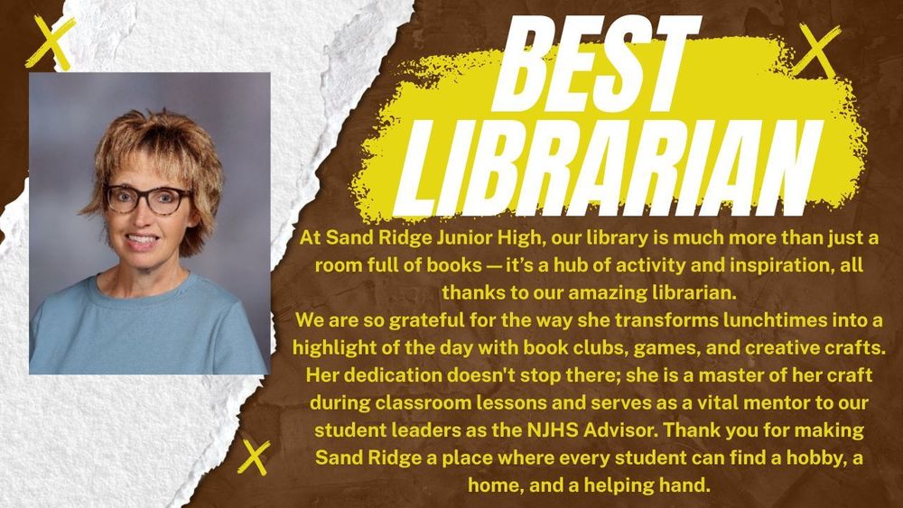 Celebrating the Heart of the Sand Ridge Library! 📚✨ Huge shout-out to our incredible Librarian for Library Appreciation! From turning lunches into a hub for book clubs, games, and crafts, to leading our NJHS students and hosting engaging library lessons for our classes, she does it all.  Thank you for making the library the most exciting place to be at Sand Ridge Junior High! We are so lucky to have you. 🐾📖