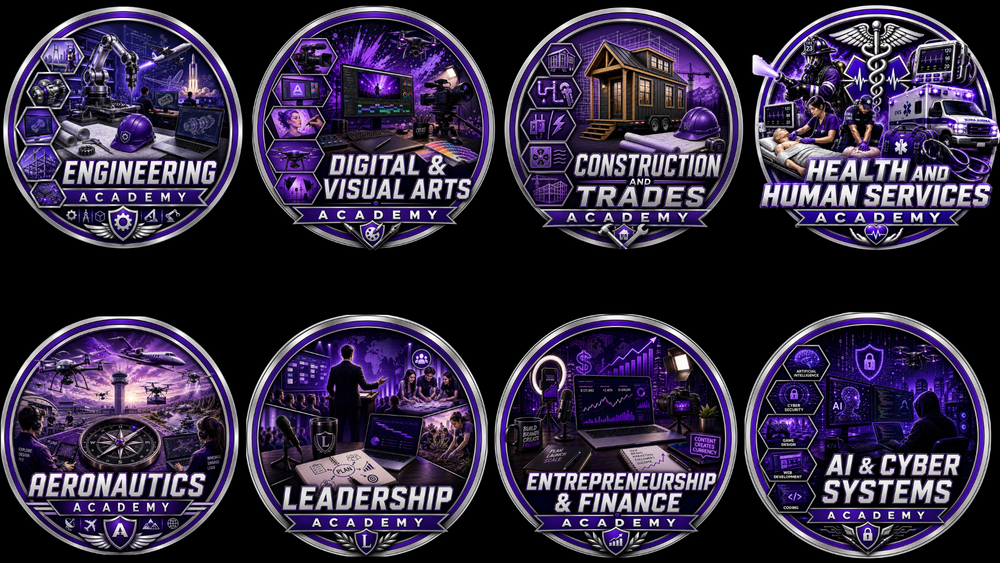 Explore Our Academies Aeronautics Engineering & Industrial Design AI & Cyber Systems Health & Human Services Entrepreneurship & Finance Design & Visionary Arts Construction & Trades Leadership