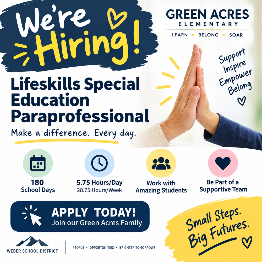 Green Acres Elementary is hiring Lifeskills Special Education Paraprofessionals.  Apply today.